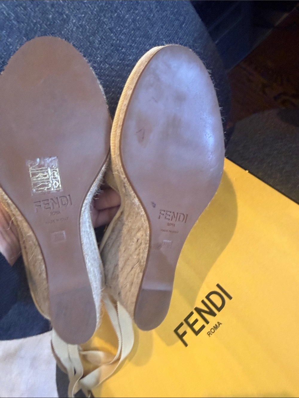 Fendi Beige Woven Espadrille Wedge Sandals with Ankle Ribbon - Picture 4 of 6